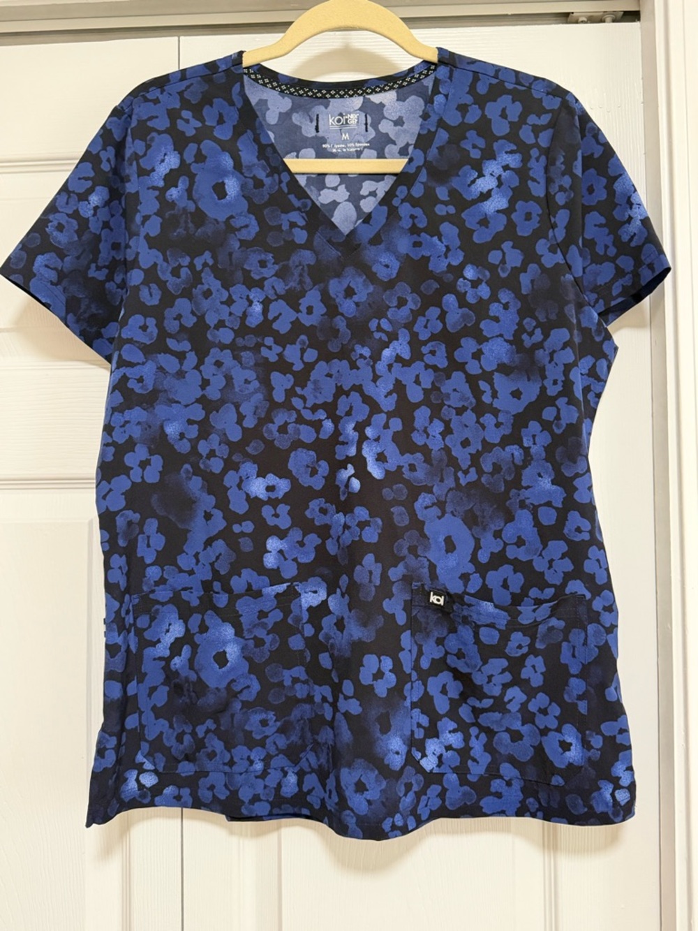 koi Blue and Black Floral V-Neck Scrub Top